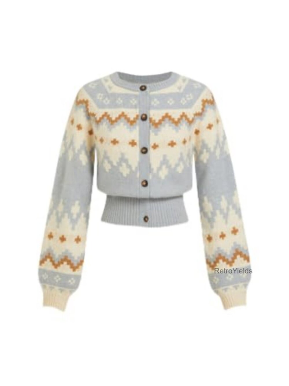 Nordic Fair Isle Cropped Cardigan Balloon Sleeve Button Knit Sweater